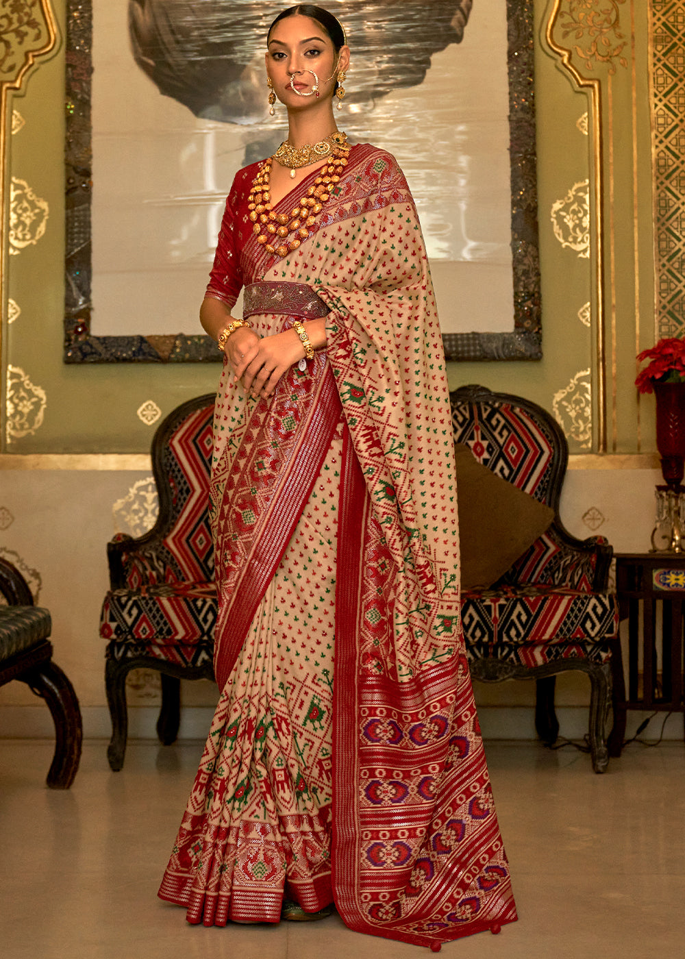 Regal Beige and Maroon Patola Silk Saree for a Majestic Look