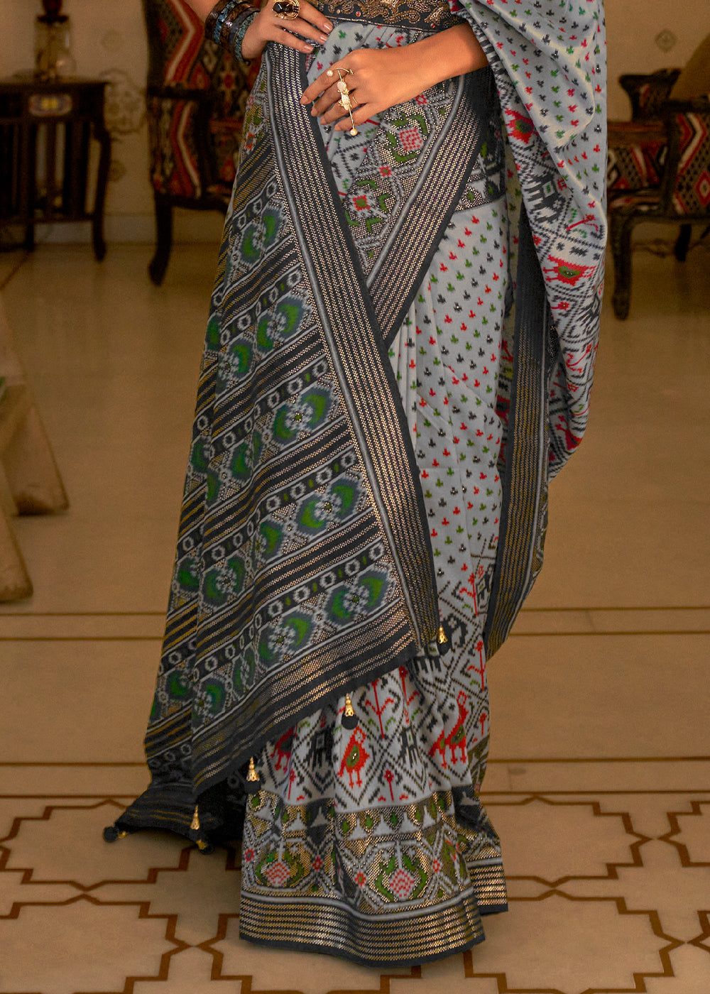 Charismatic Grey Patola Silk Saree for a Timeless and Versatile Look