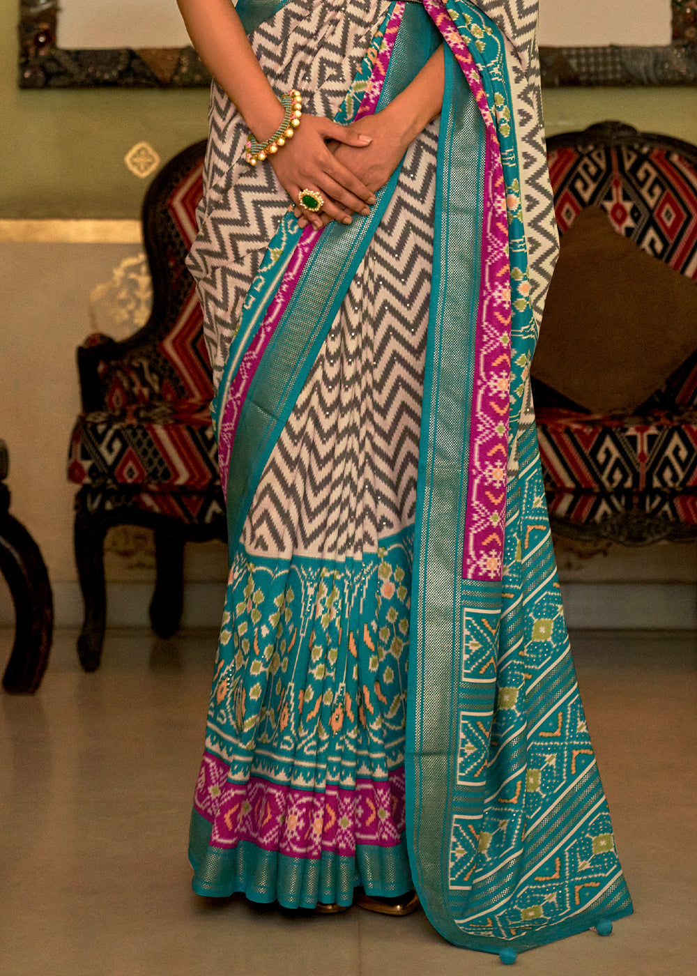 Elegant AQUA  Blue Woven Patola Silk Saree