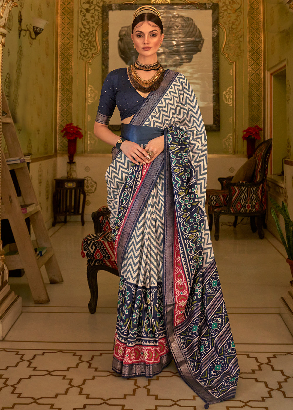 Elegance in Blue: Woven Patola Silk Saree"