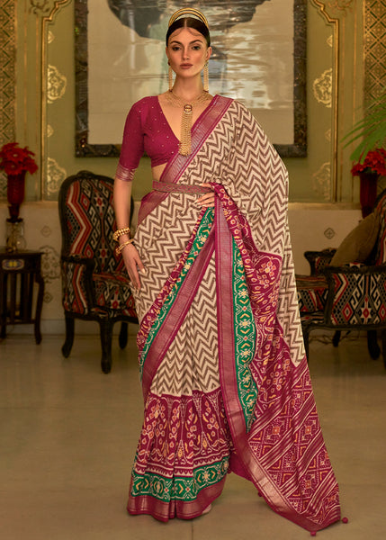 Graceful Maroon and White Patola Silk Saree for a Timeless and Elegant Look