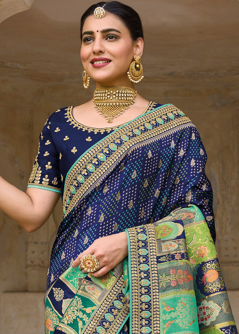 Regal Navy Blue Banarasi Silk Saree with Intricate Embroidery