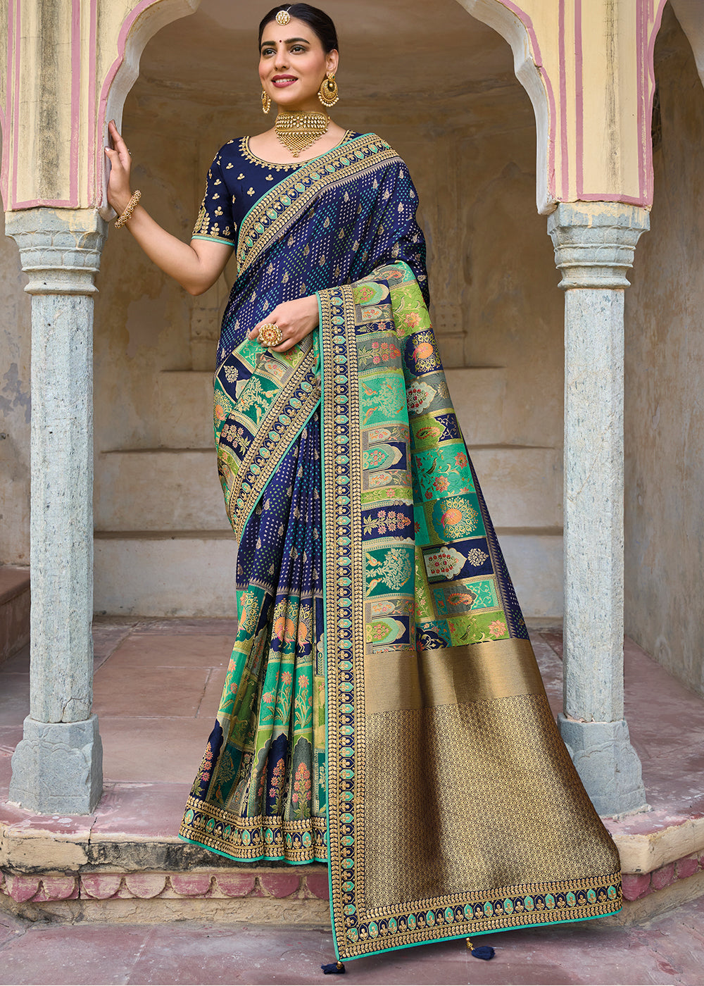 Regal Navy Blue Banarasi Silk Saree with Intricate Embroidery