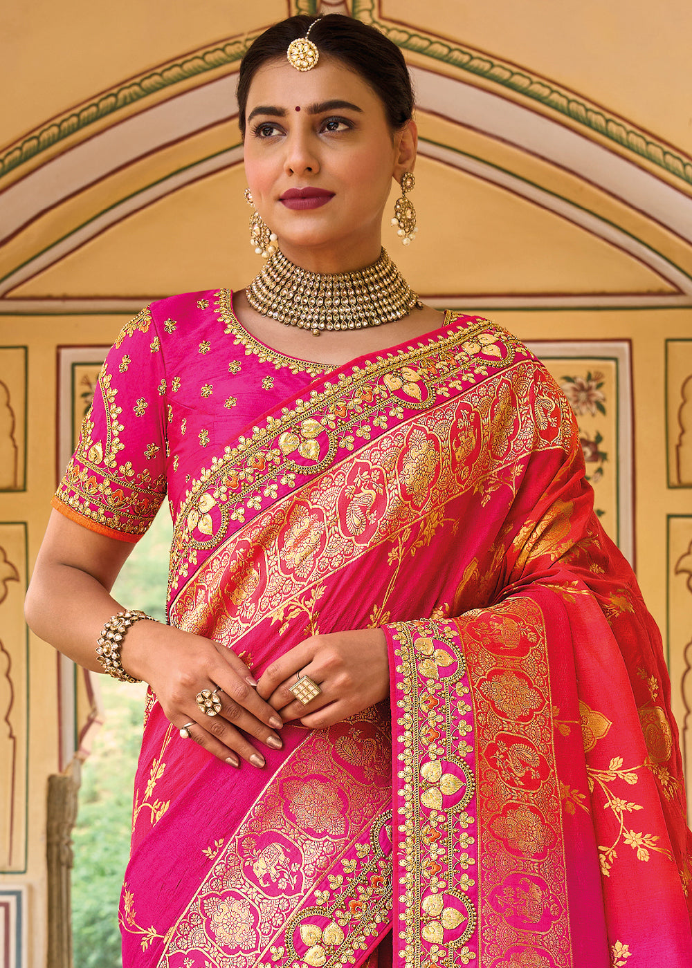 Enchanting Rani Pink Banarasi Silk Saree with Intricate Woven Designs