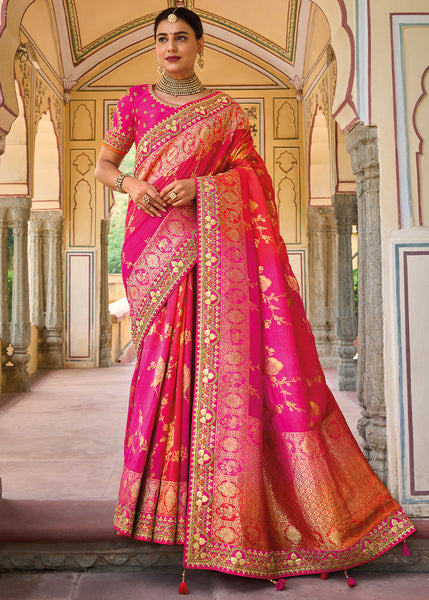 Enchanting Rani Pink Banarasi Silk Saree with Intricate Woven Designs