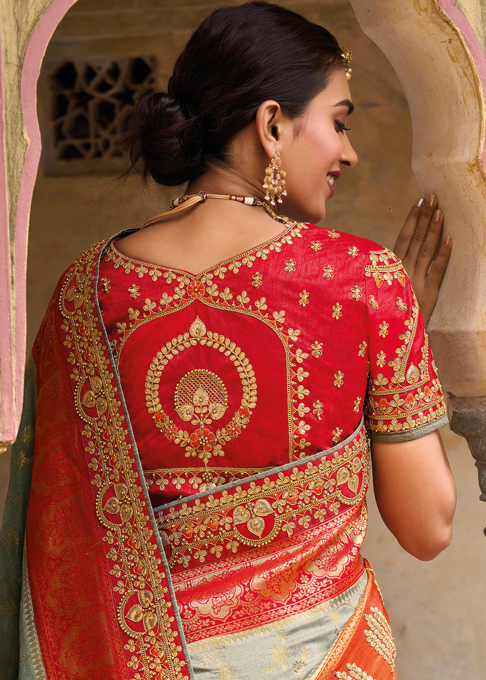 Regal Grey and Red Banarasi Silk Saree with Exquisite Embroidery