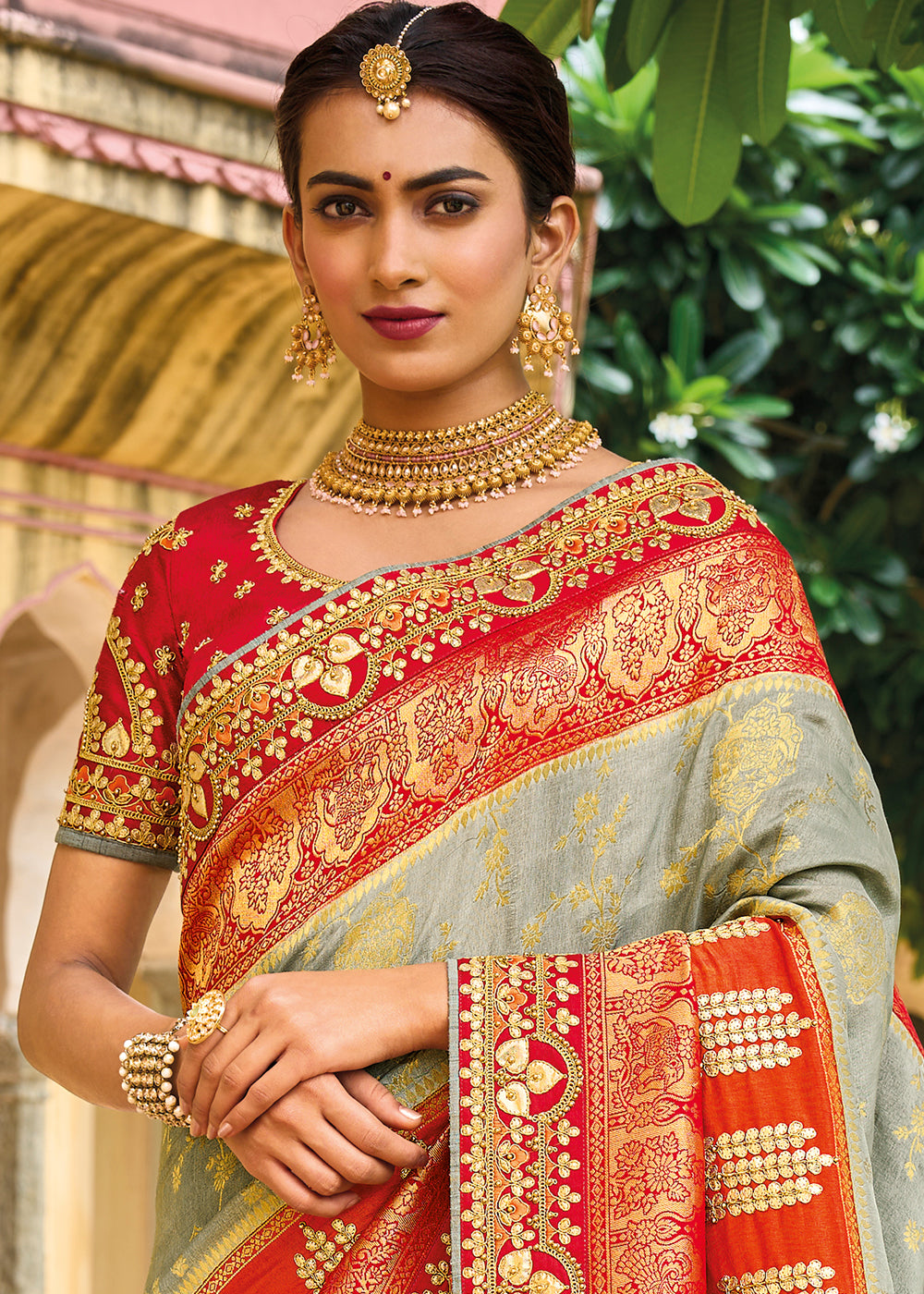 Regal Grey and Red Banarasi Silk Saree with Exquisite Embroidery