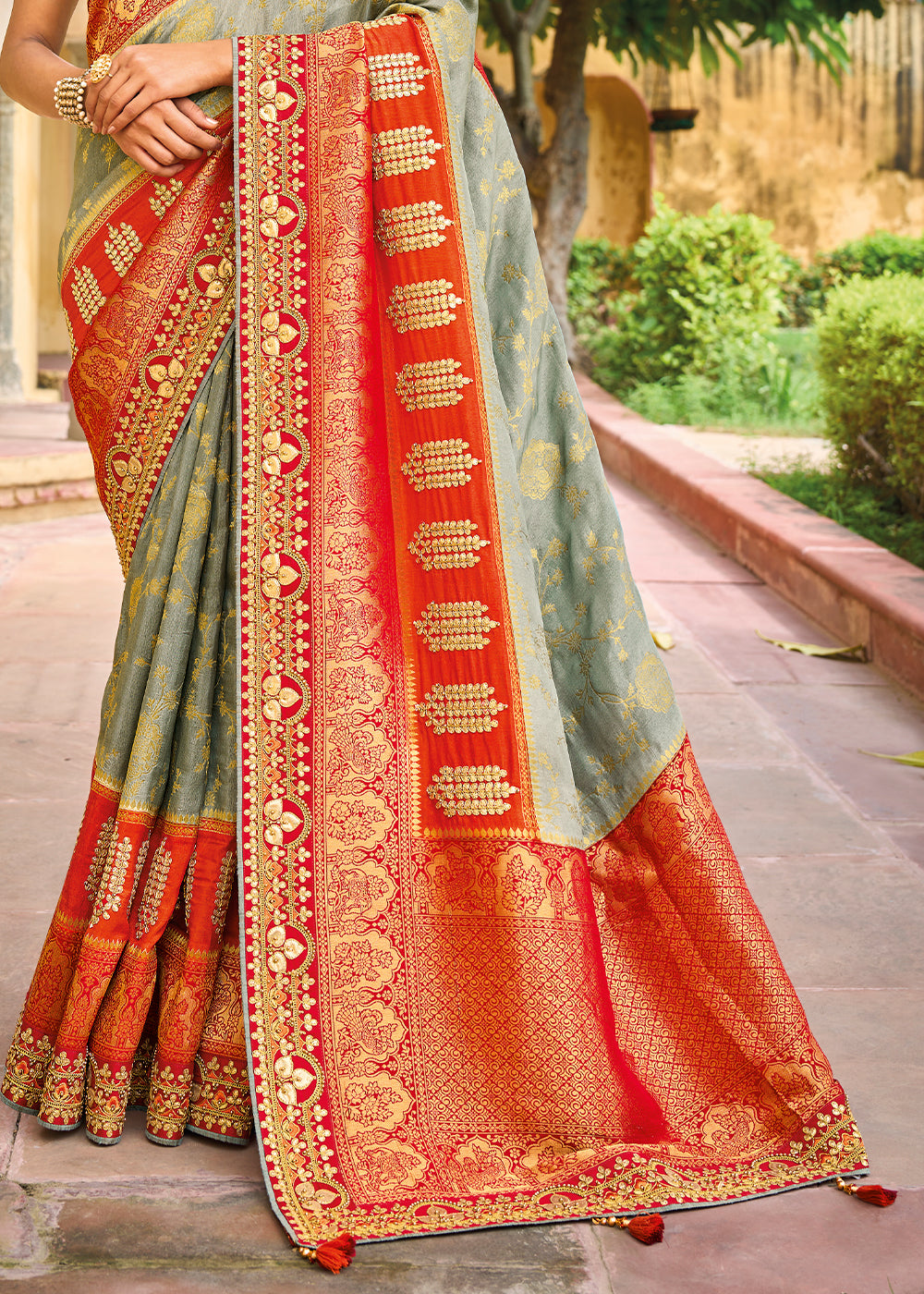 Regal Grey and Red Banarasi Silk Saree with Exquisite Embroidery