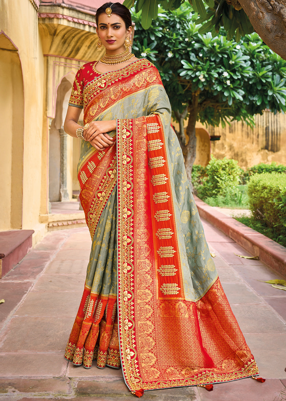 Regal Grey and Red Banarasi Silk Saree with Exquisite Embroidery