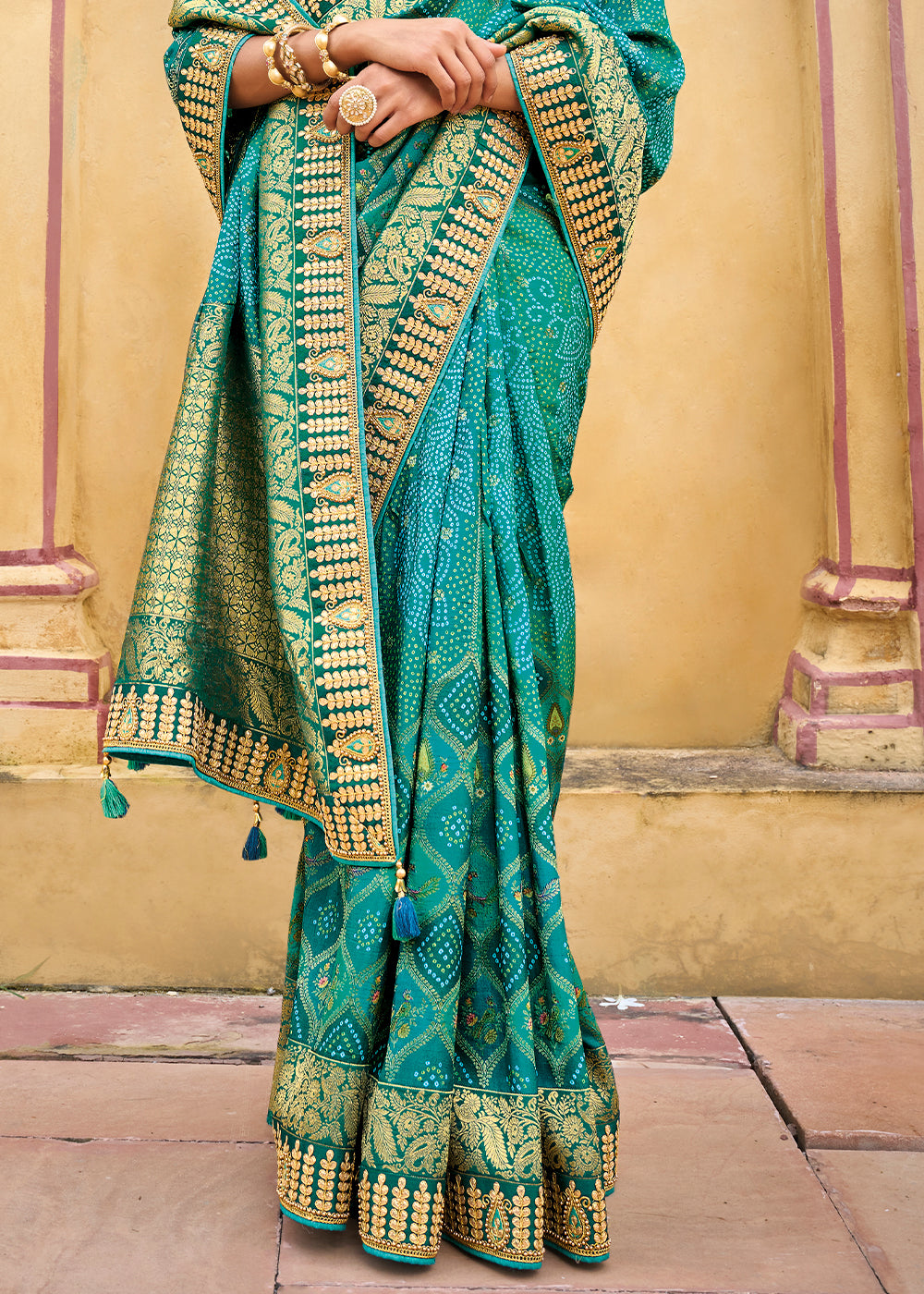 Ocean Breeze - Blue and Green Woven Bandhani Silk Saree with Intricate Embroidery