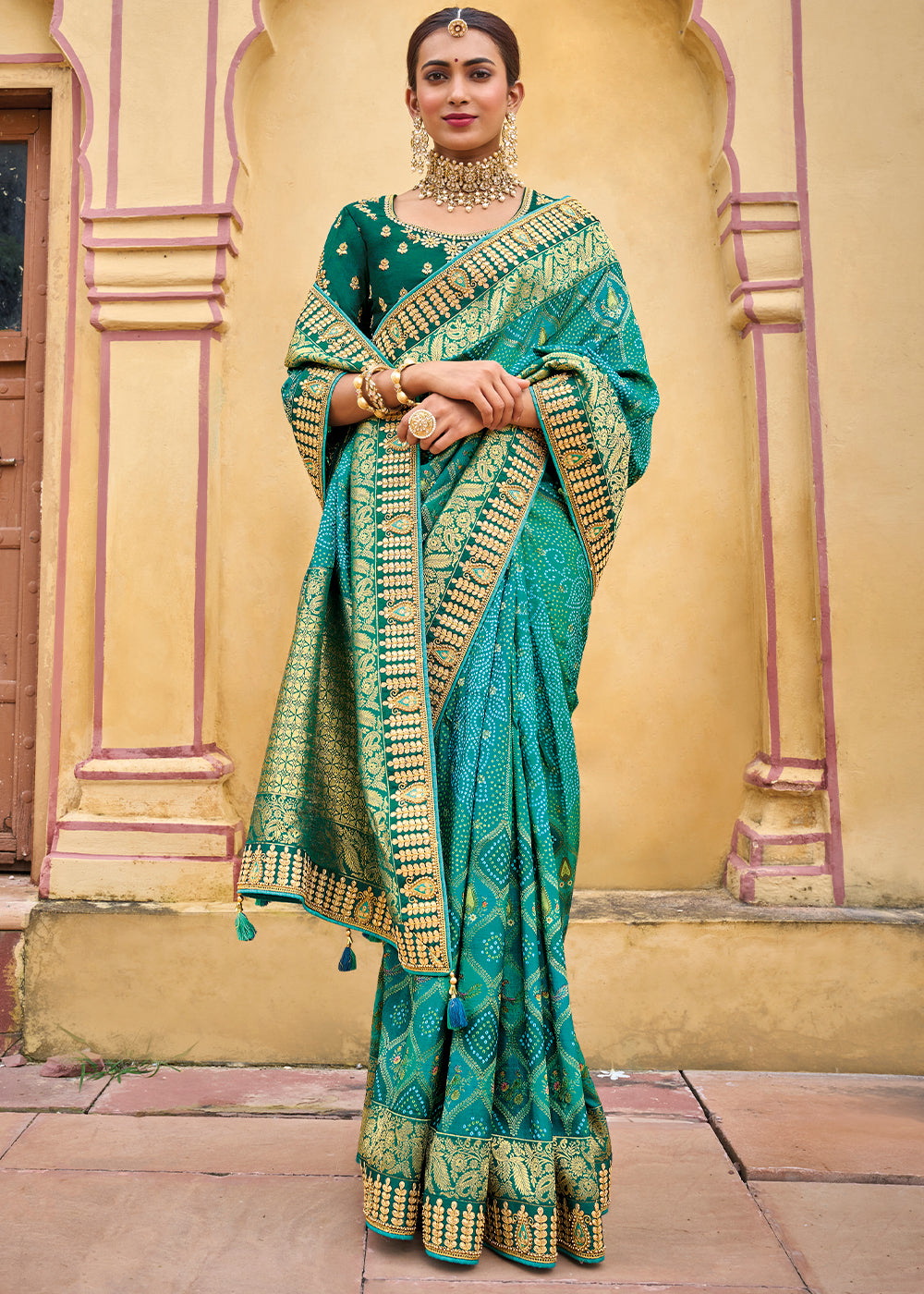 Ocean Breeze - Blue and Green Woven Bandhani Silk Saree with Intricate Embroidery