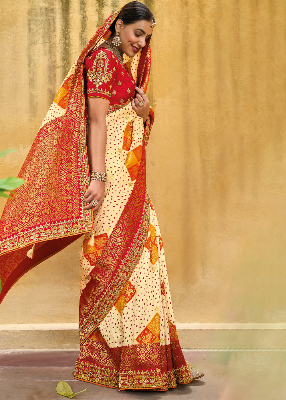 Elegant Off-White and Red Banarasi Woven Saree with Embroidered Blouse