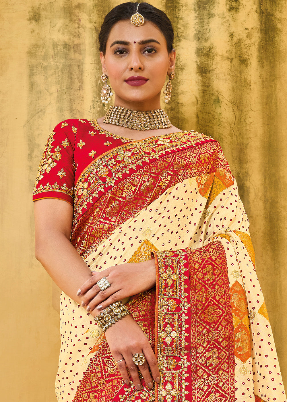 Elegant Off-White and Red Banarasi Woven Saree with Embroidered Blouse