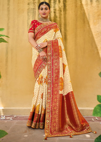 Elegant Off-White and Red Banarasi Woven Saree with Embroidered Blouse