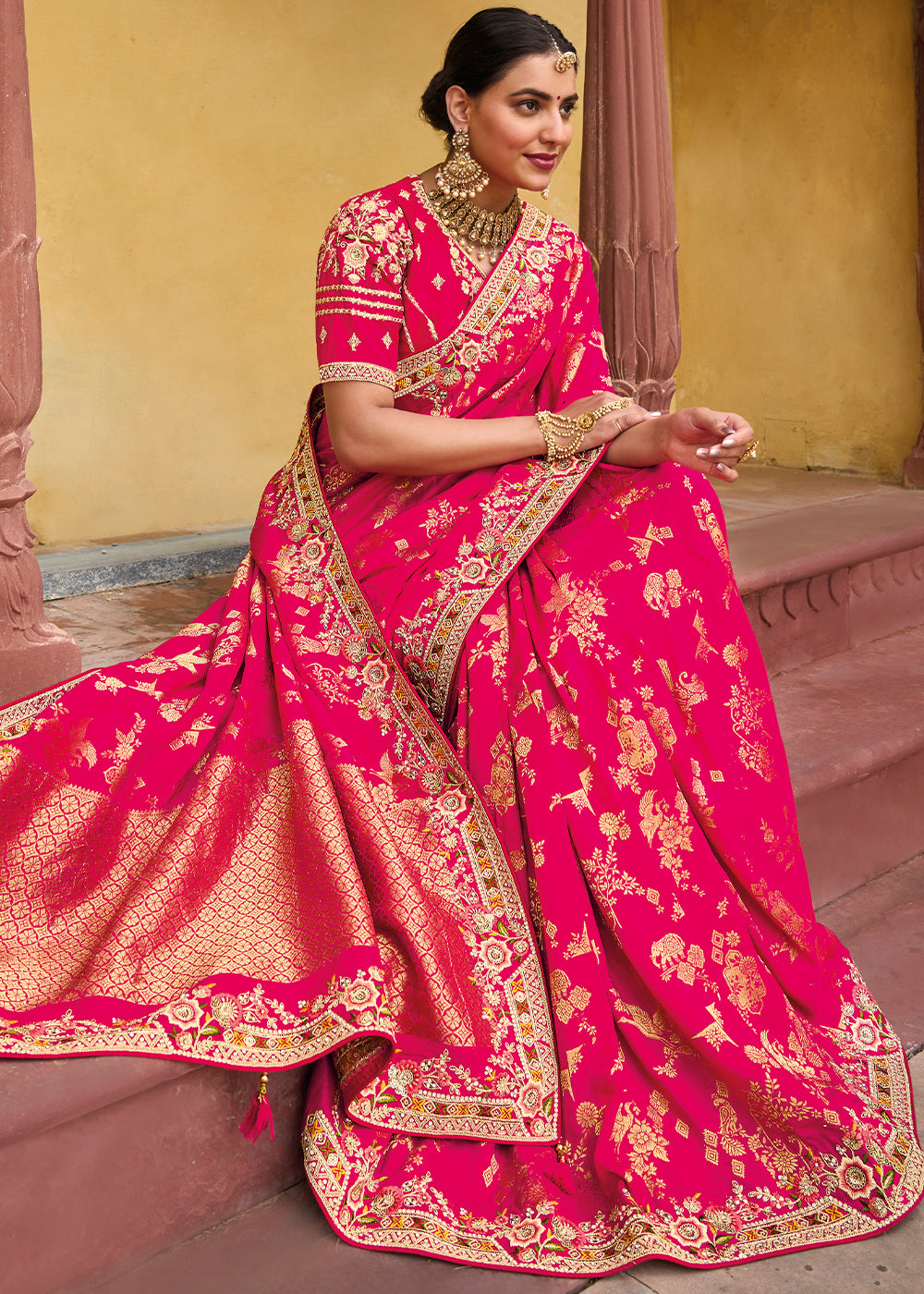 Regal Rani and Red Banarasi Silk Saree with Intricate Embroidery