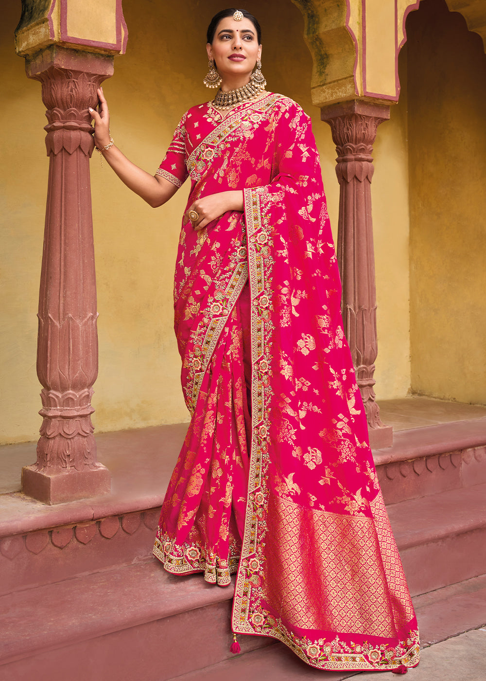 Regal Rani and Red Banarasi Silk Saree with Intricate Embroidery