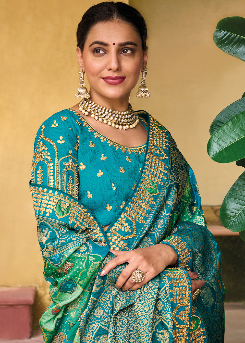 Enchanting Blue and Green Woven Bandhani Saree with Embroidery