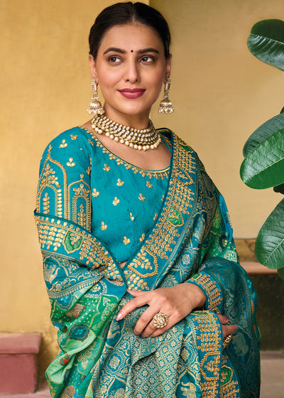 Enchanting Blue and Green Woven Bandhani Saree with Embroidery