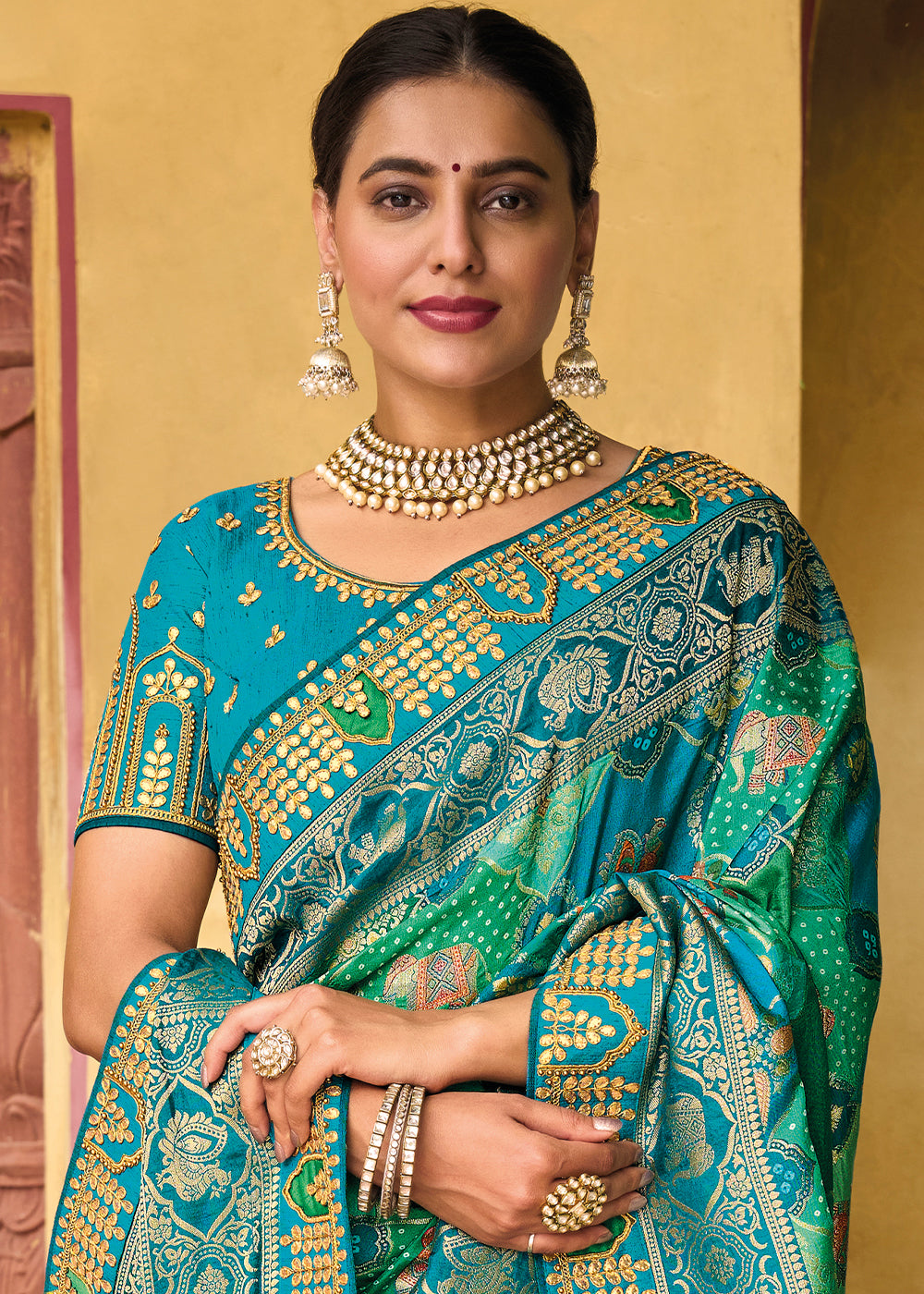 Enchanting Blue and Green Woven Bandhani Saree with Embroidery