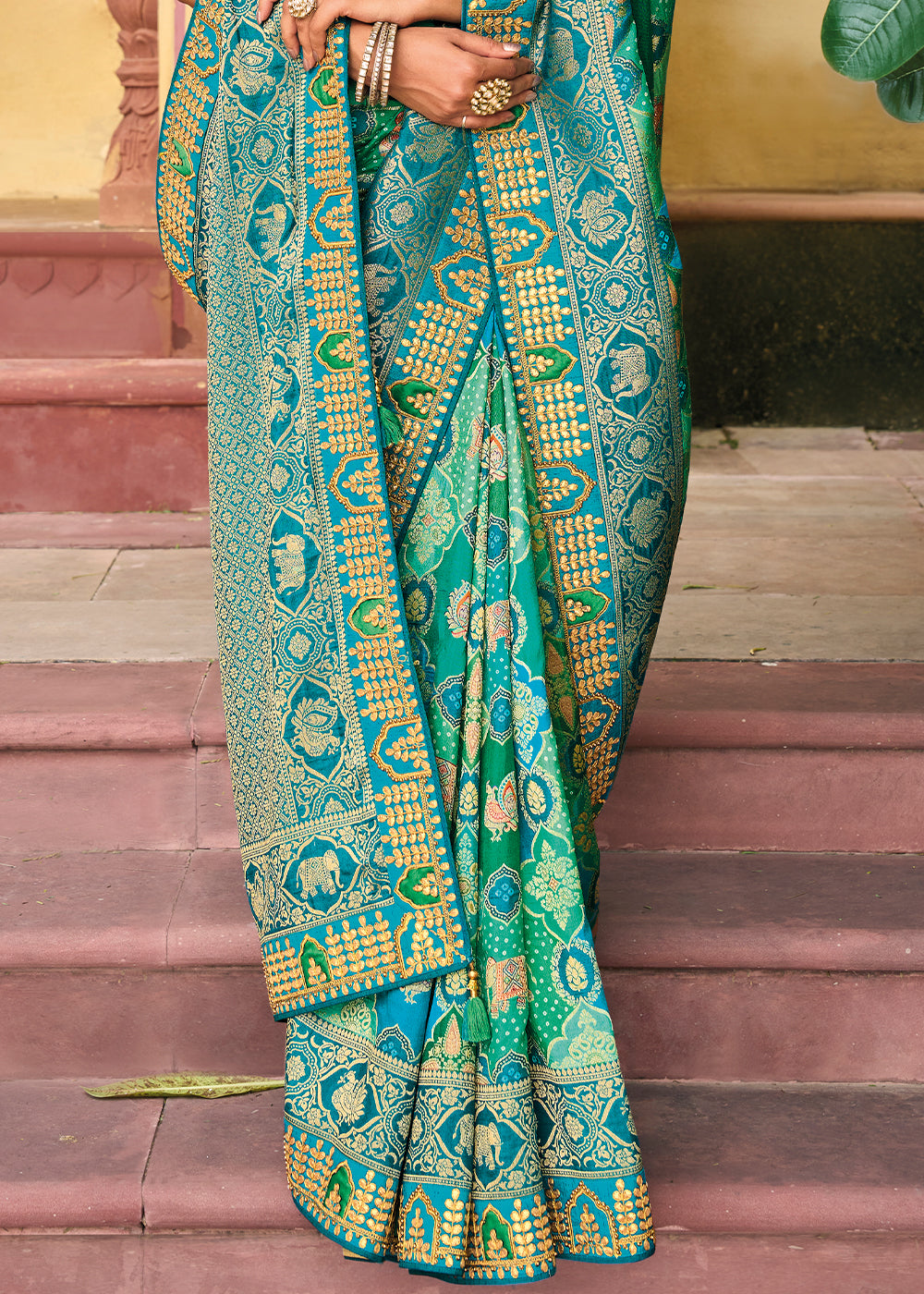 Enchanting Blue and Green Woven Bandhani Saree with Embroidery