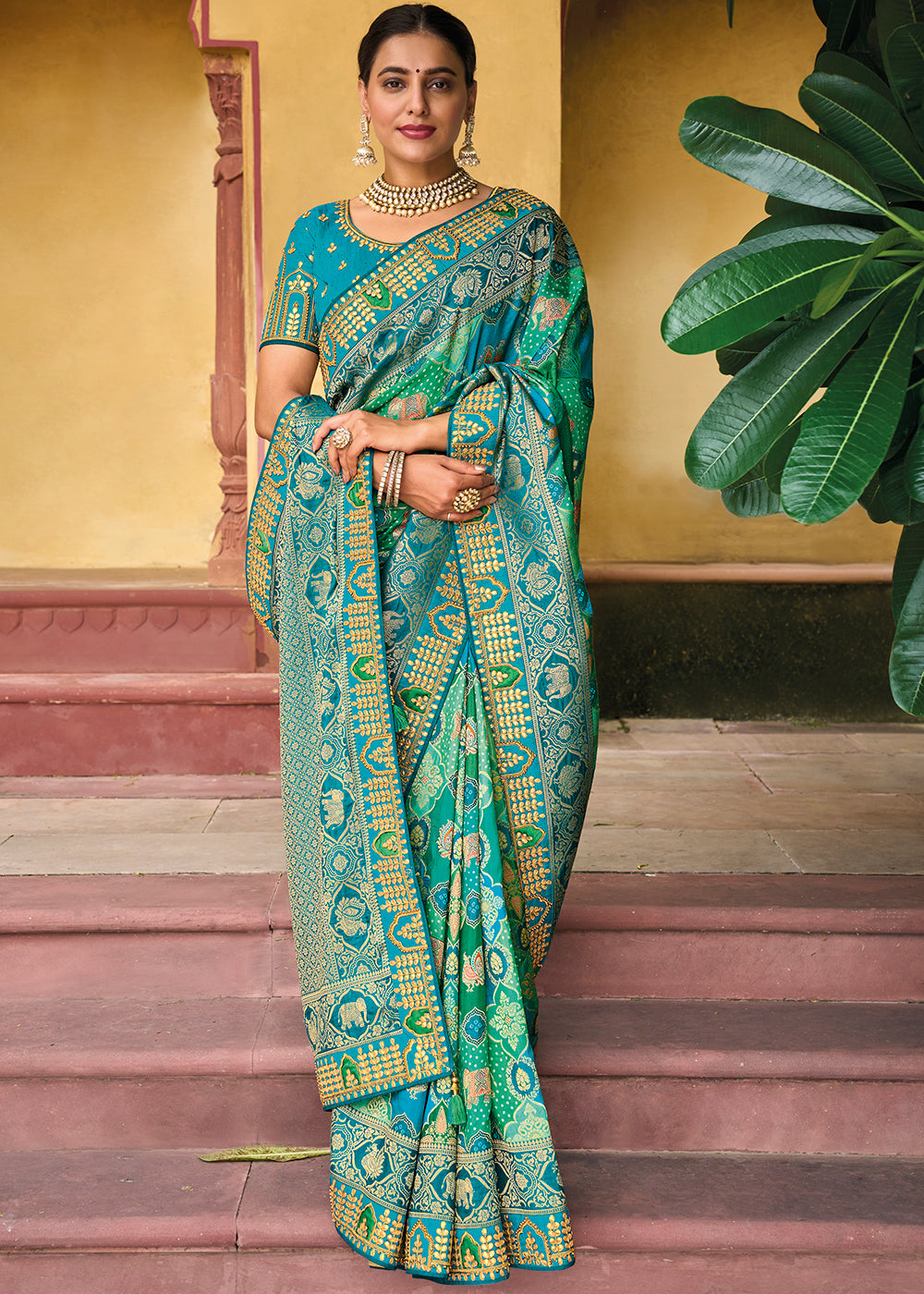 Enchanting Blue and Green Woven Bandhani Saree with Embroidery