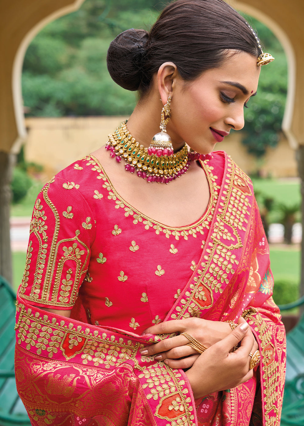 Flaming Red Patola Silk Saree with Embroidered Blouse