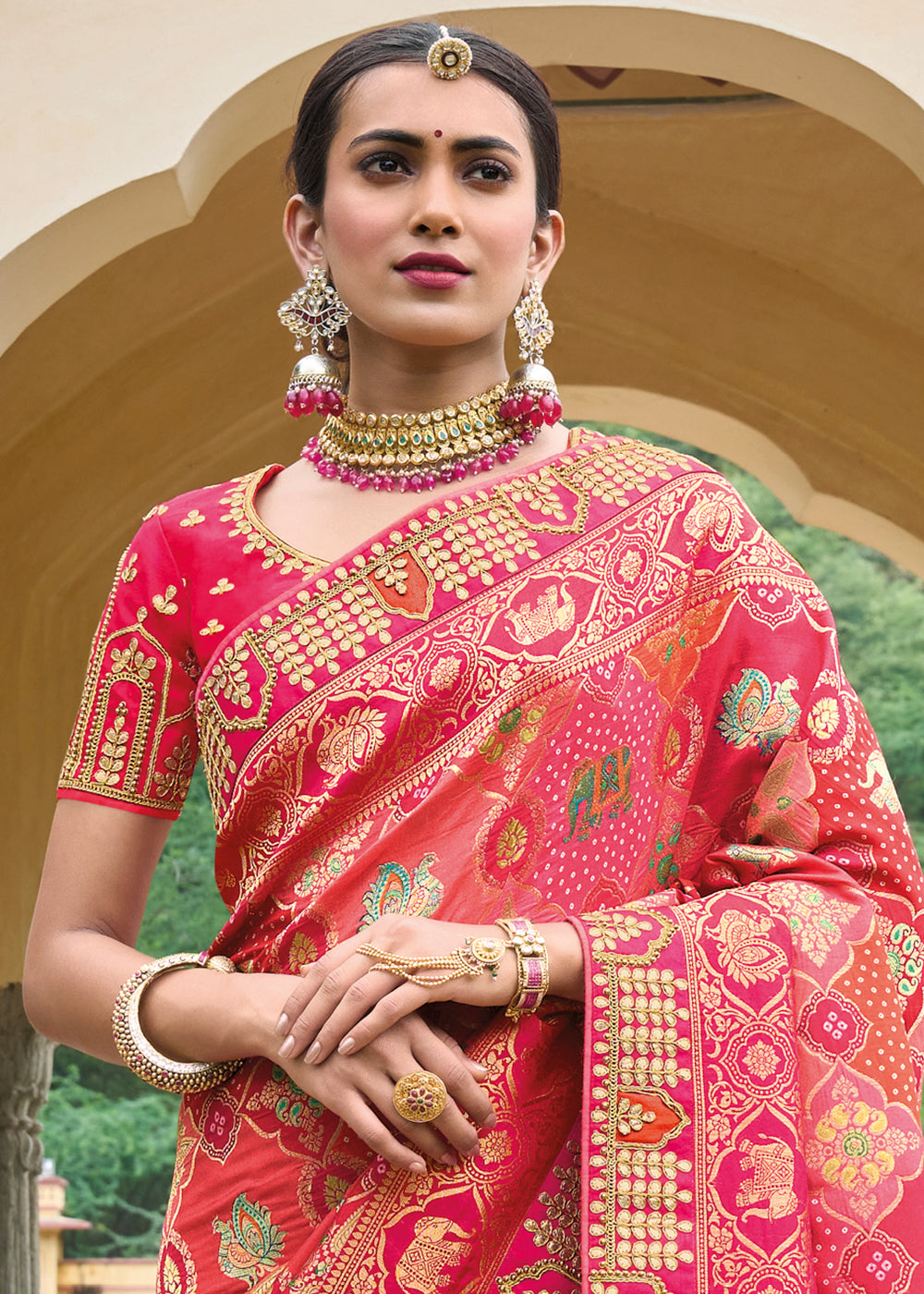 Flaming Red Patola Silk Saree with Embroidered Blouse