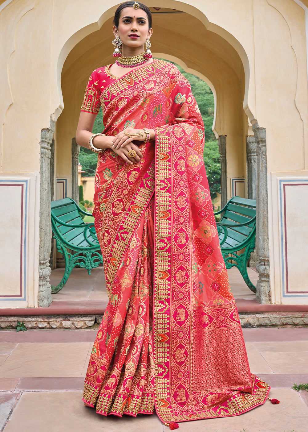 Flaming Red Patola Silk Saree with Embroidered Blouse