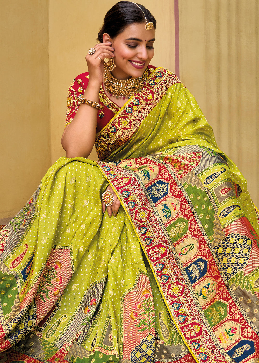 Radiant Crystal Yellow and Pink Banarasi Woven Designer Silk Saree