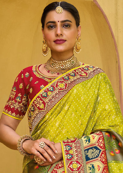 Radiant Crystal Yellow and Pink Banarasi Woven Designer Silk Saree