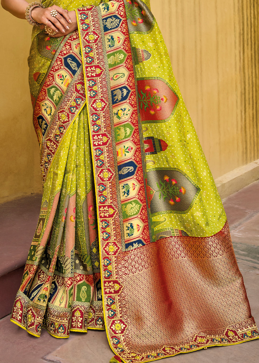 Radiant Crystal Yellow and Pink Banarasi Woven Designer Silk Saree