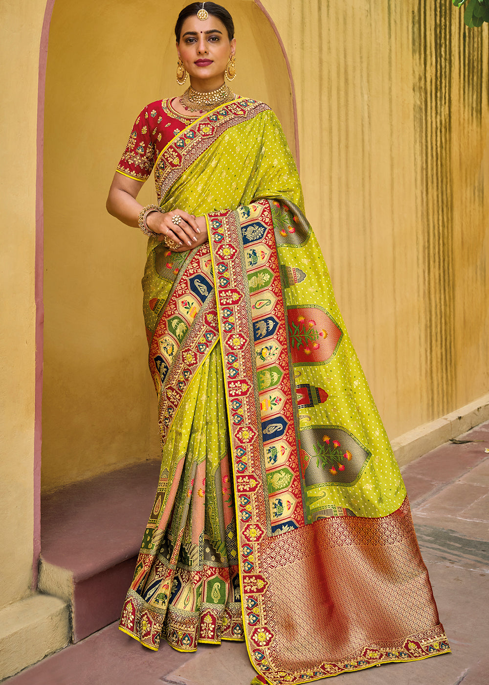 Radiant Crystal Yellow and Pink Banarasi Woven Designer Silk Saree