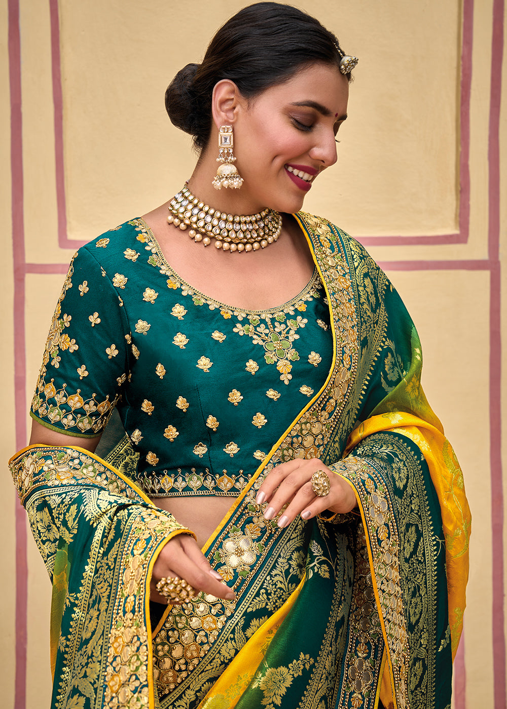 un-Kissed Elegance - Yellow Shaded Blue Woven Banarasi Silk Saree with Embroidery