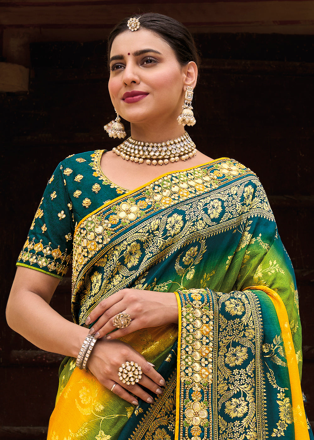 un-Kissed Elegance - Yellow Shaded Blue Woven Banarasi Silk Saree with Embroidery