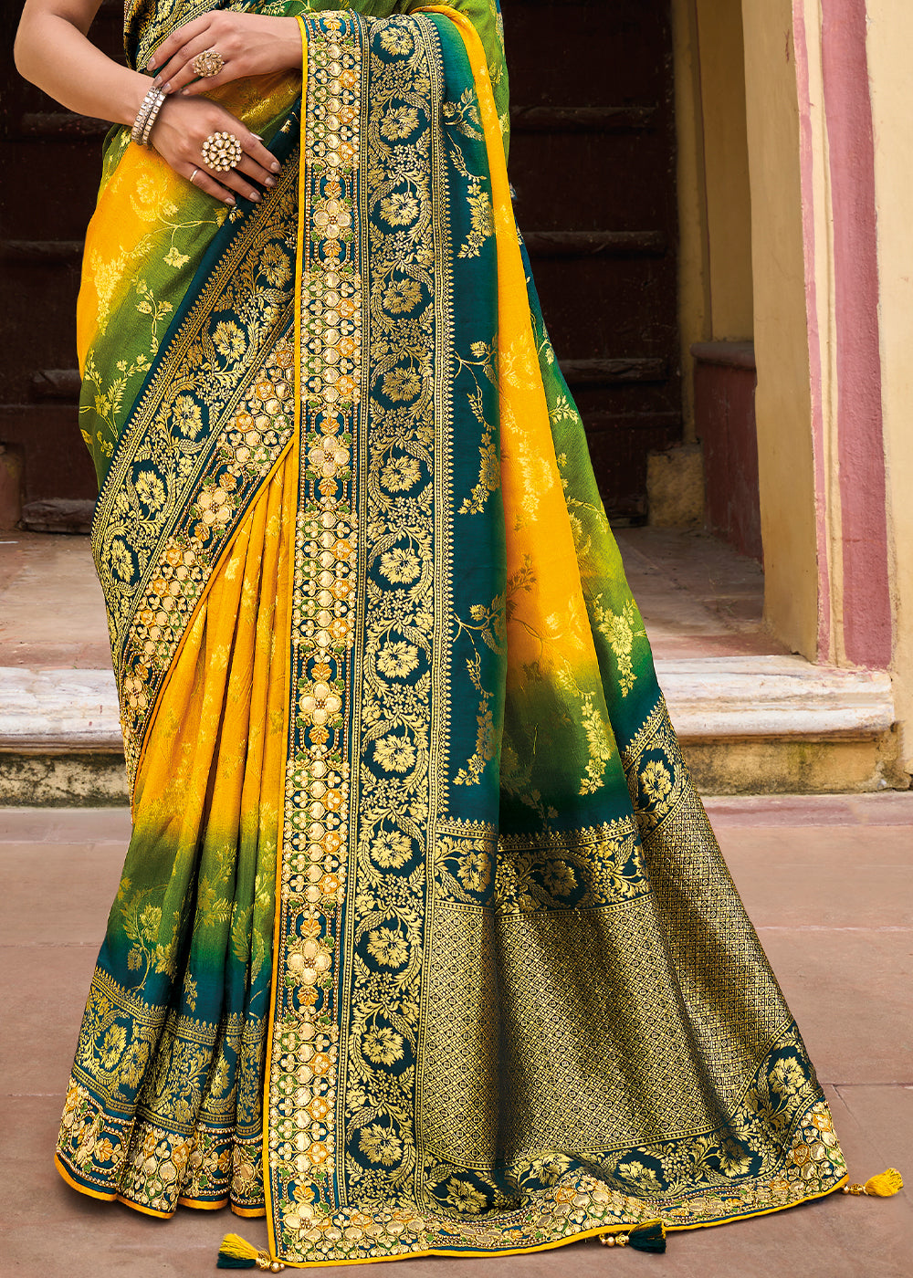 un-Kissed Elegance - Yellow Shaded Blue Woven Banarasi Silk Saree with Embroidery