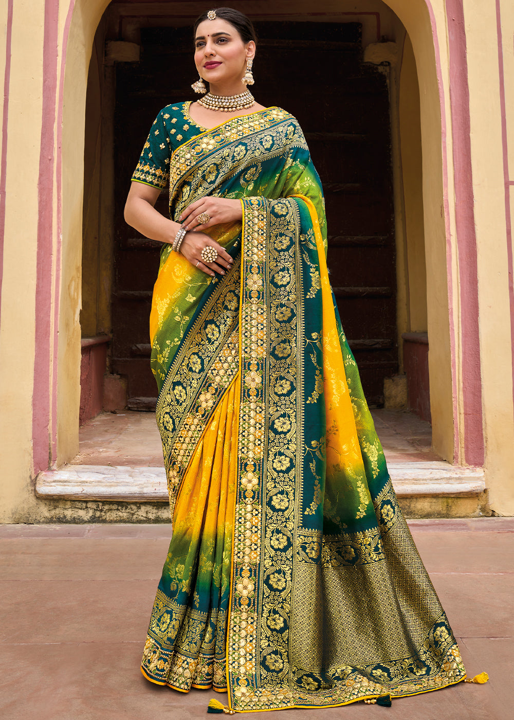 un-Kissed Elegance - Yellow Shaded Blue Woven Banarasi Silk Saree with Embroidery