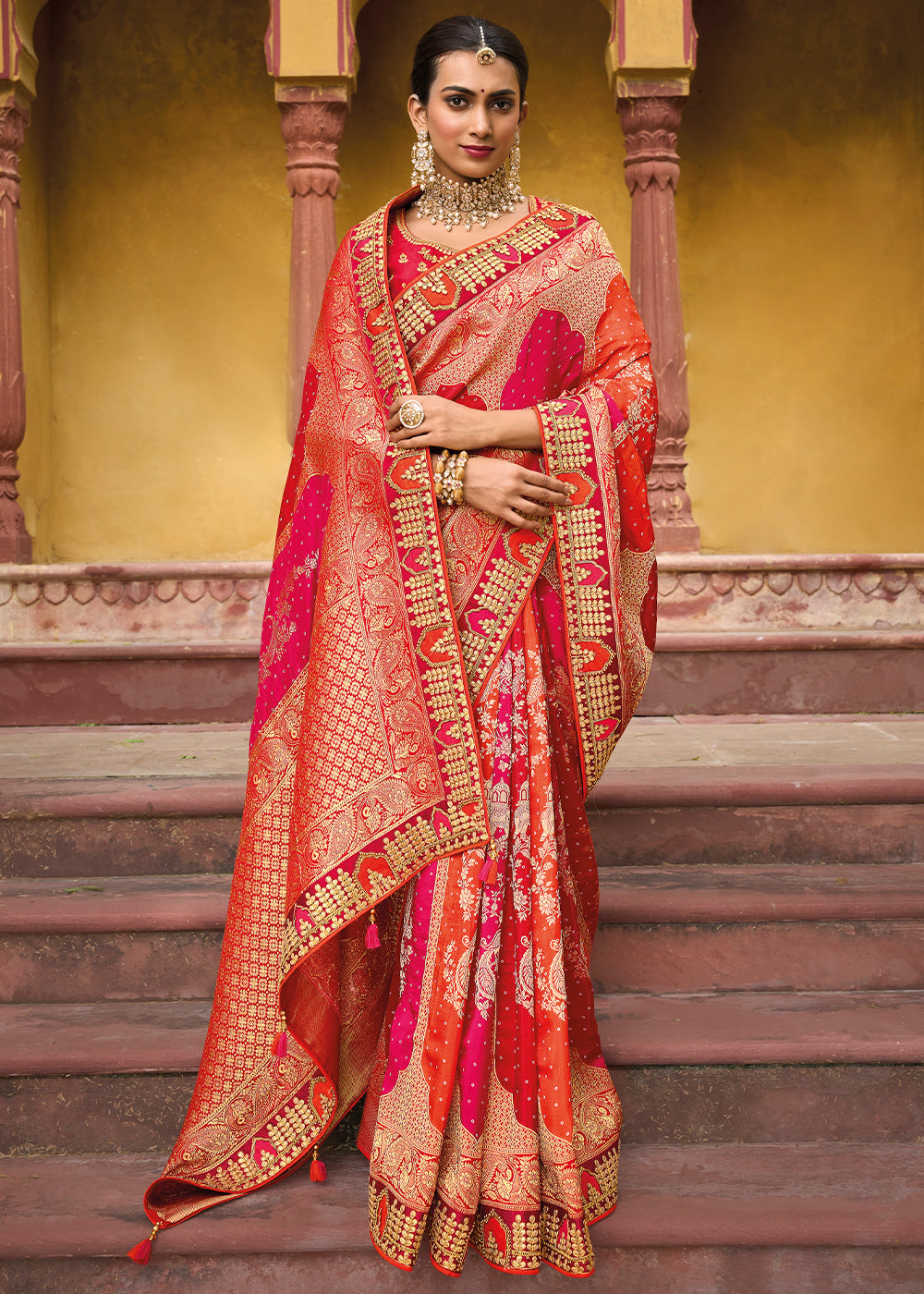 Radiant Orange Woven Banarasi Silk Saree with Embroidery