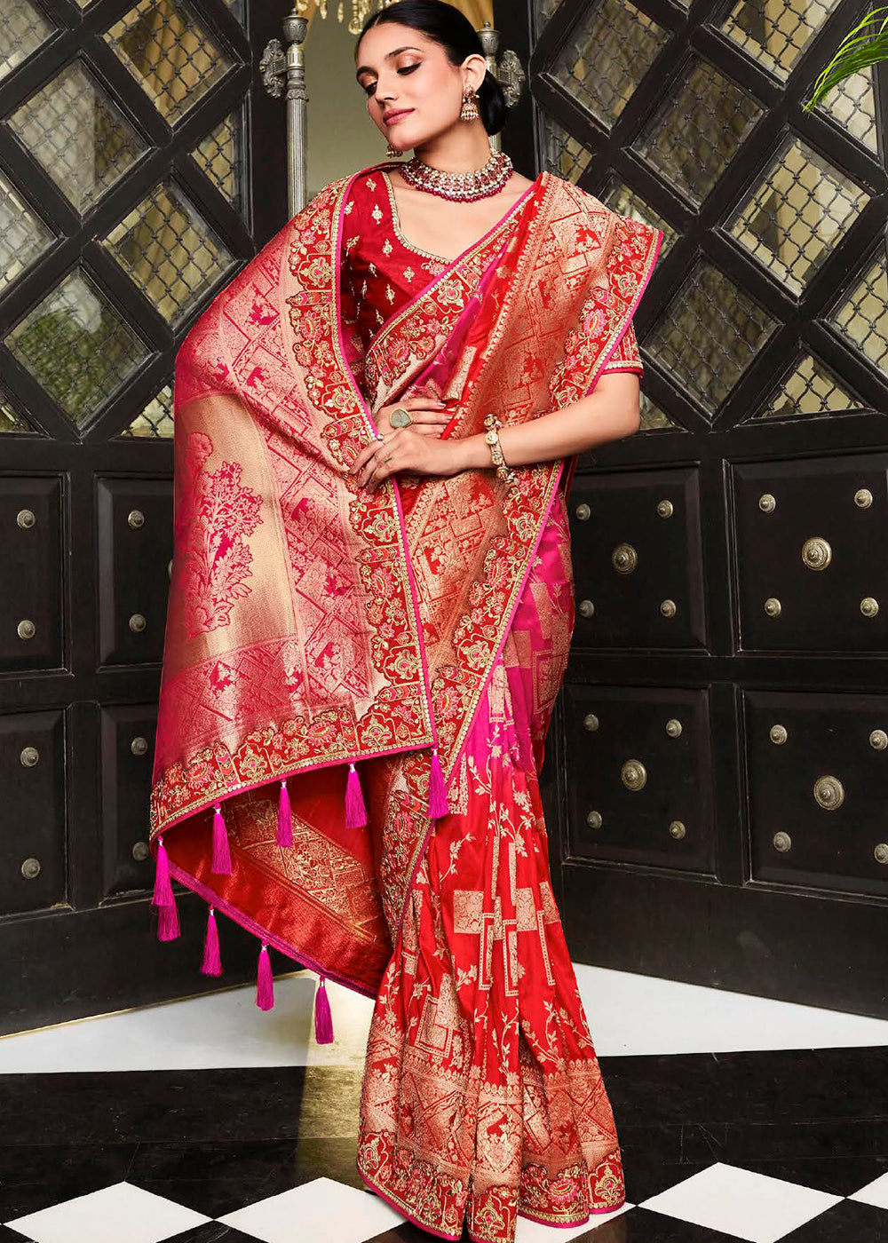 Radiate Bridal Elegance with the Pink and Red Woven Designer Satin Silk Saree