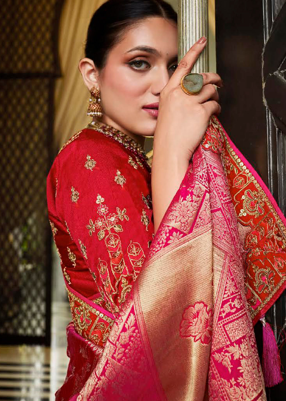 Radiate Bridal Elegance with the Pink and Red Woven Designer Satin Silk Saree