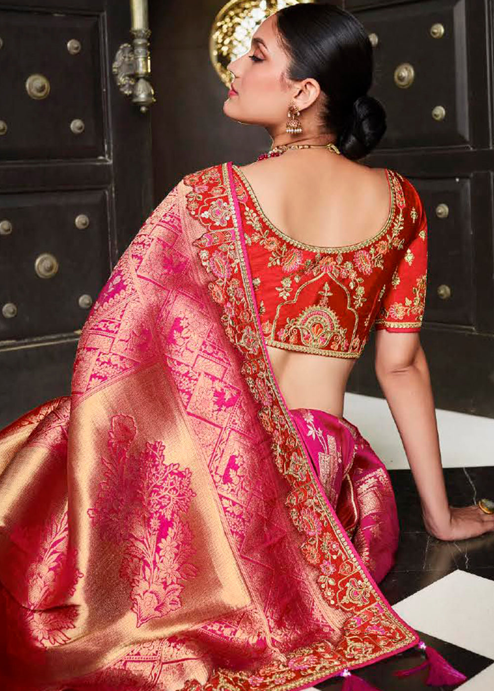 Radiate Bridal Elegance with the Pink and Red Woven Designer Satin Silk Saree