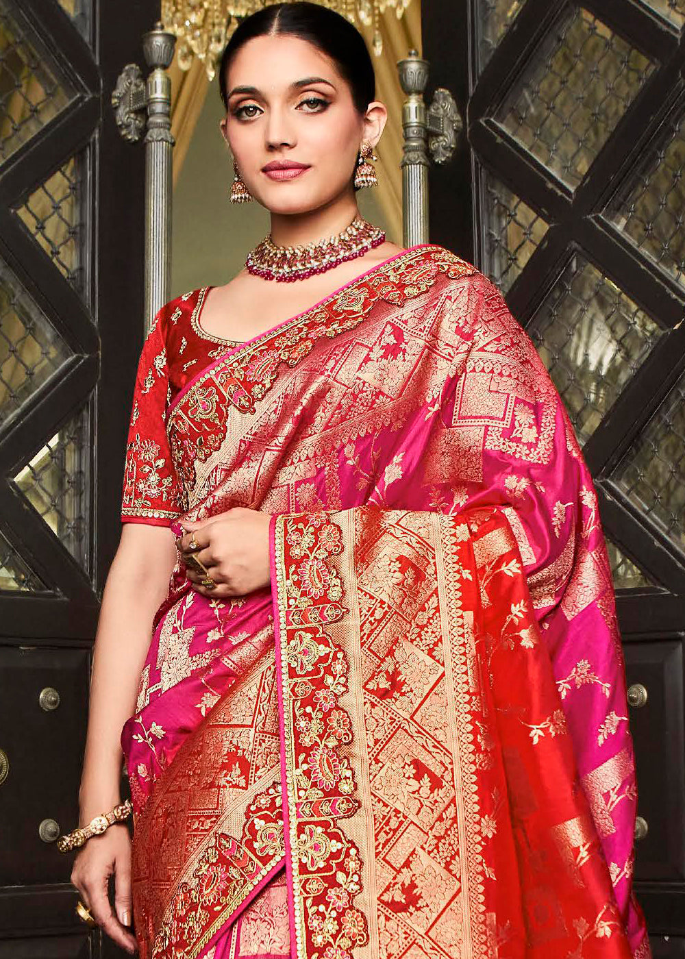 Radiate Bridal Elegance with the Pink and Red Woven Designer Satin Silk Saree