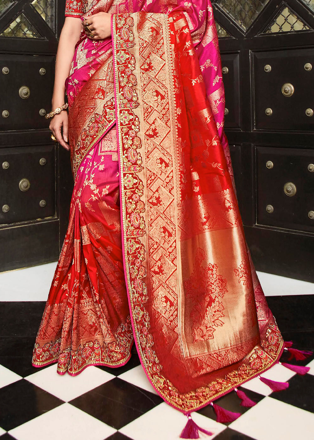 Radiate Bridal Elegance with the Pink and Red Woven Designer Satin Silk Saree