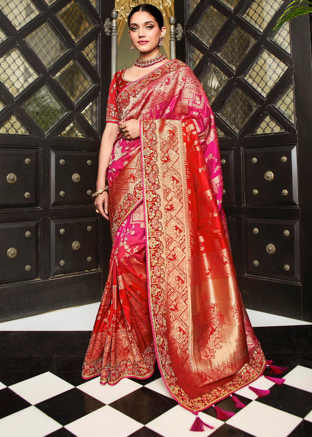 Radiate Bridal Elegance with the Pink and Red Woven Designer Satin Silk Saree