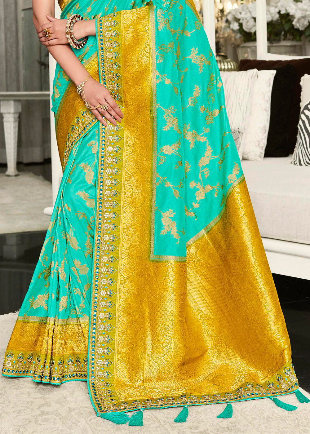 Experience Divine Elegance with the Green Woven Designer Satin Silk Saree