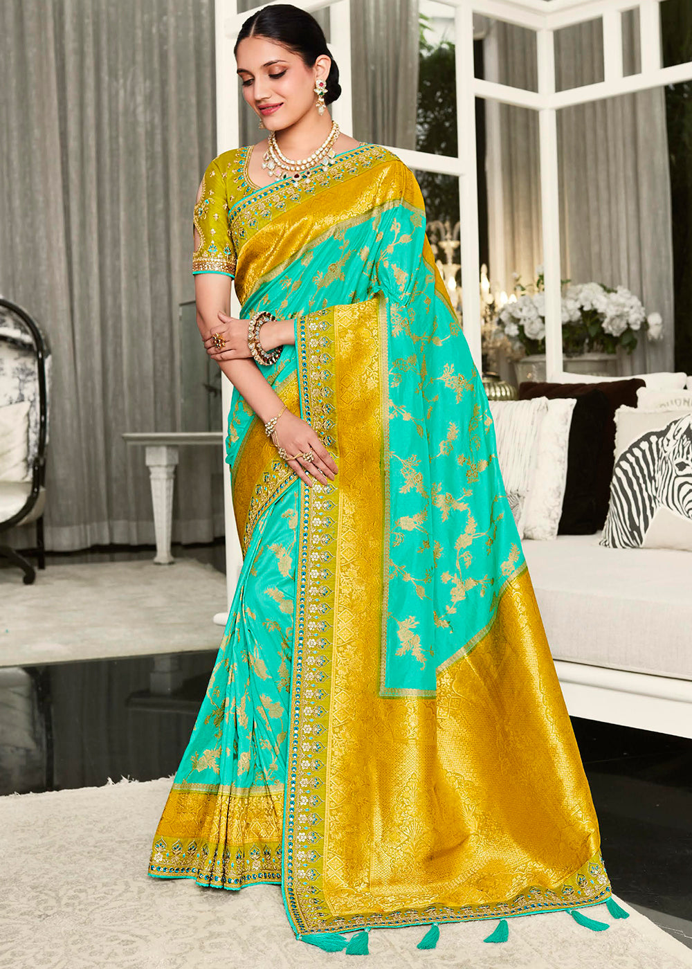 Experience Divine Elegance with the Green Woven Designer Satin Silk Saree