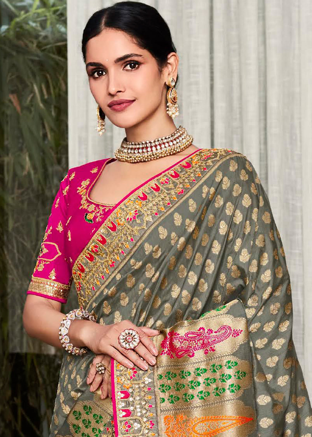 Step into the World of Lavish Elegance with the Grey Woven Designer Satin Silk Saree