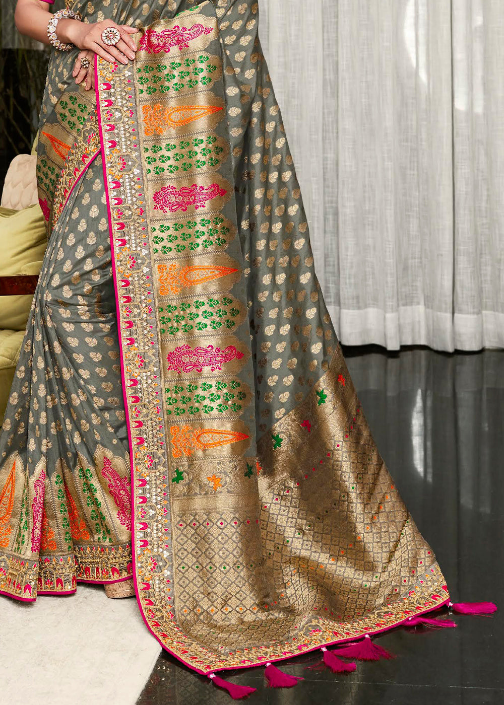 Step into the World of Lavish Elegance with the Grey Woven Designer Satin Silk Saree