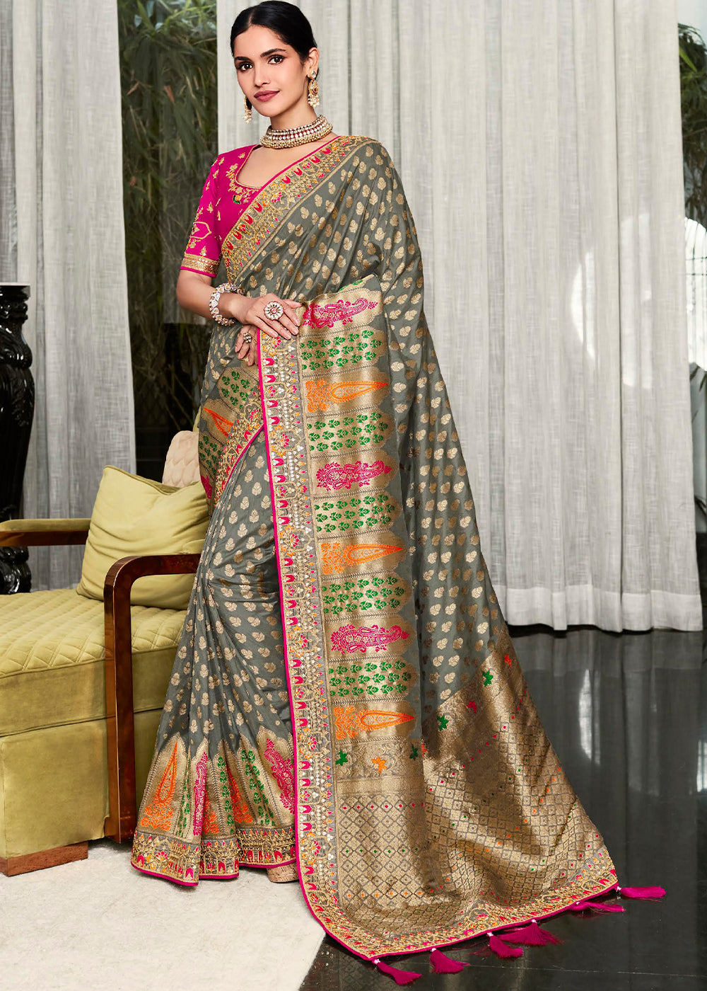 Step into the World of Lavish Elegance with the Grey Woven Designer Satin Silk Saree