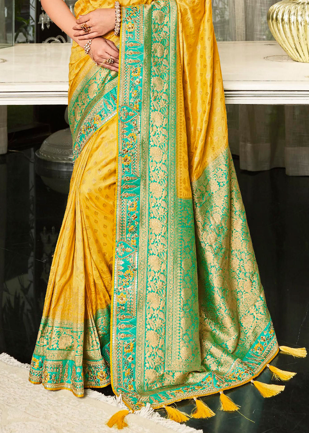 Radiant Sunshine Yellow Designer Satin Silk Saree with Woven Design