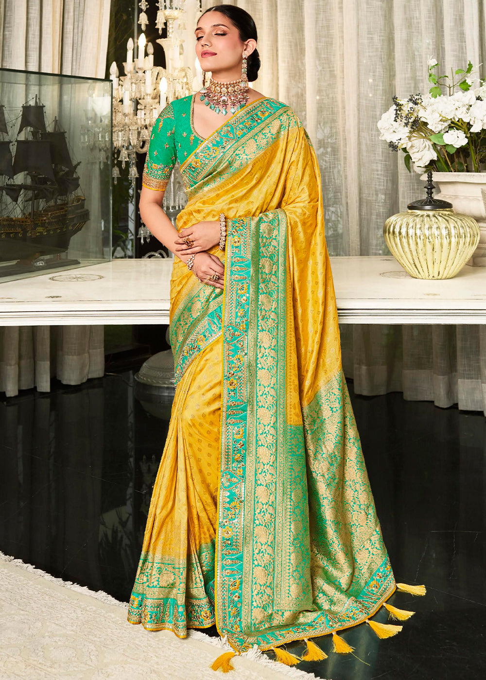 Radiant Sunshine Yellow Designer Satin Silk Saree with Woven Design